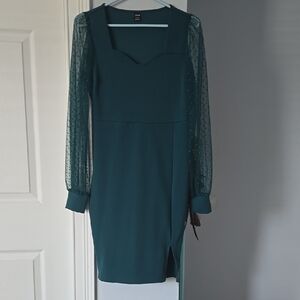 Elegant Teal Dress with Sheer Sleeves